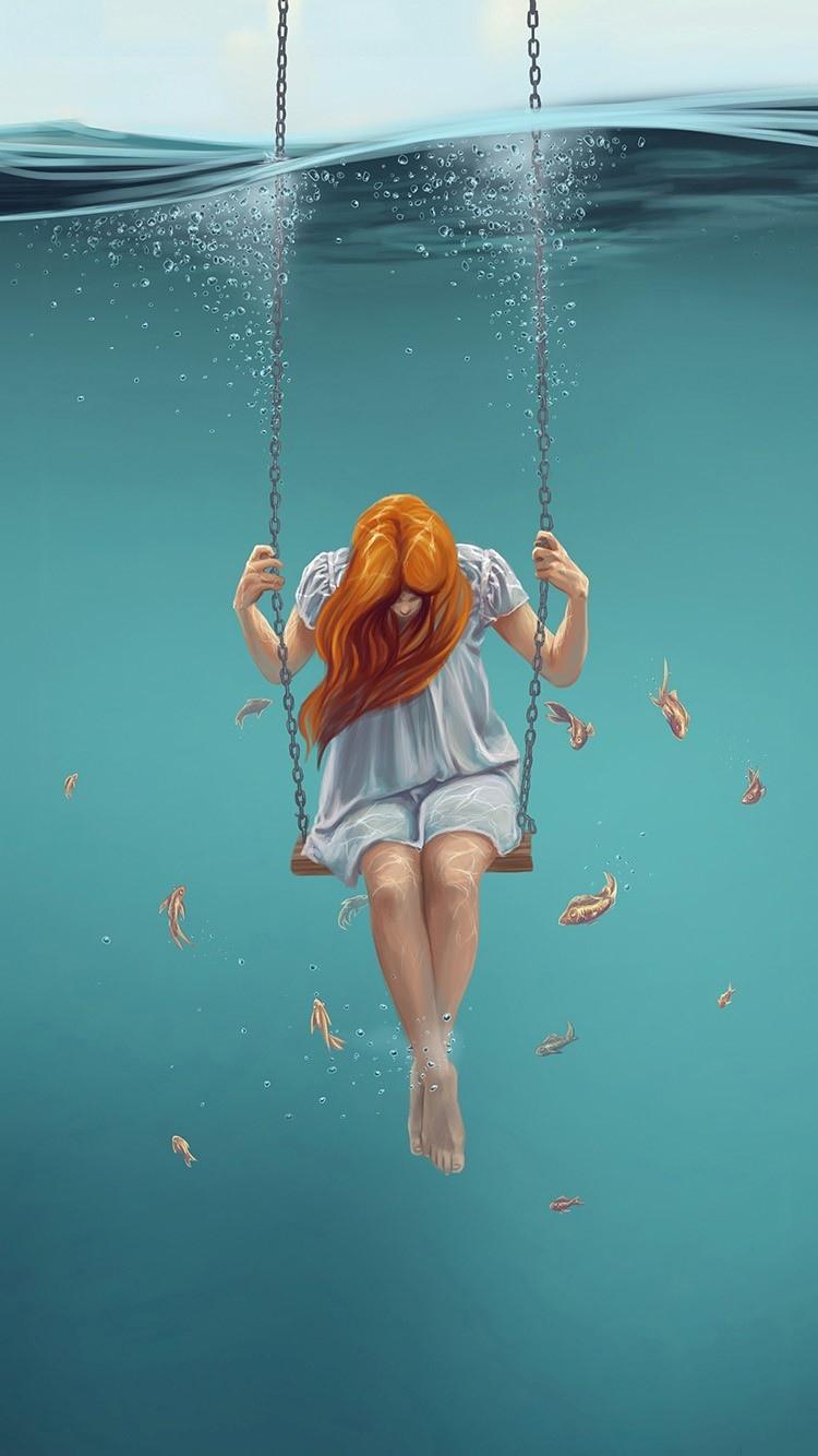 秋千水下幻想图中的女孩iPhone 6壁纸