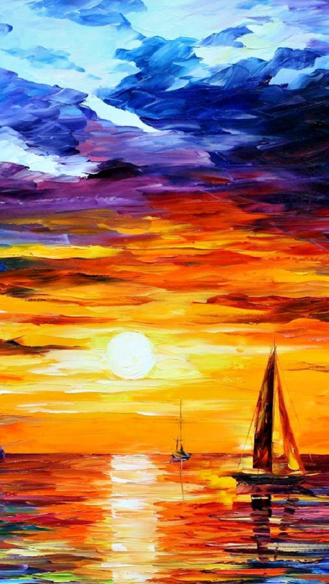 日落时分的iPhone 5的船在海上绘画