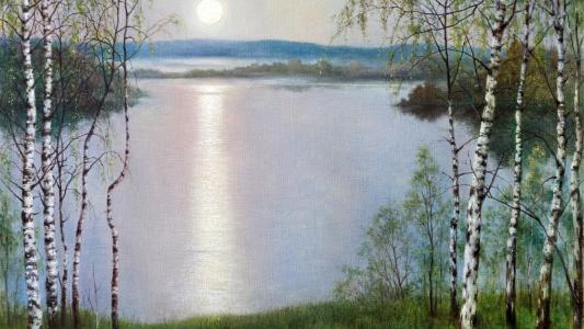 清新湖边美景油画