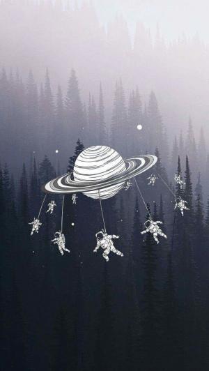快乐围绕宇航员土星森林iPhone 5壁纸