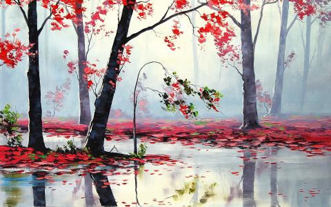 艺术秋天树木河Mac壁纸