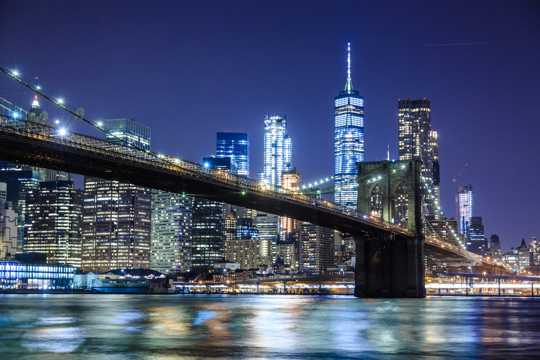 夜幕下的美国纽约布鲁克林大桥图片
