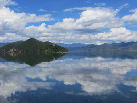 蓝天下的湖泊景致图片