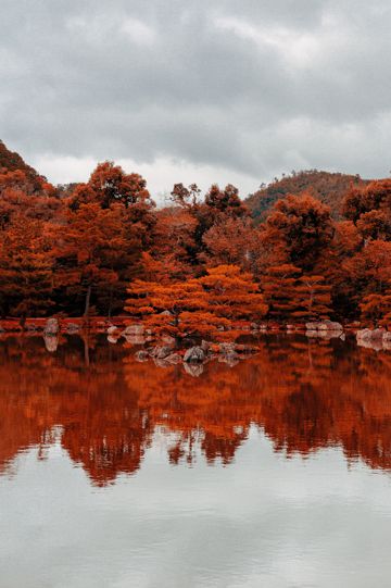 秋日红色树林湖中倒影