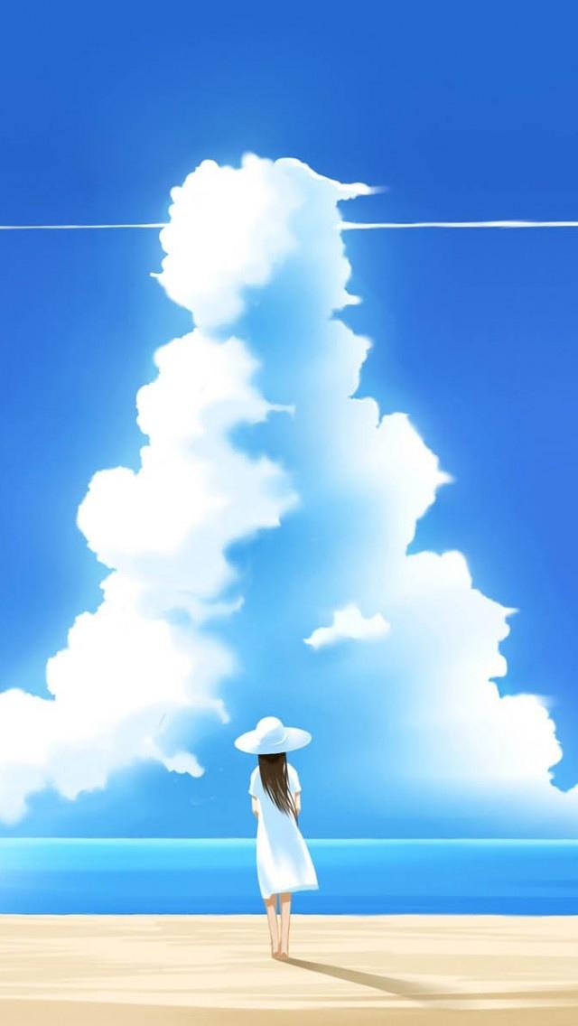 海滩的女孩与大云彩iPhone 5墙纸