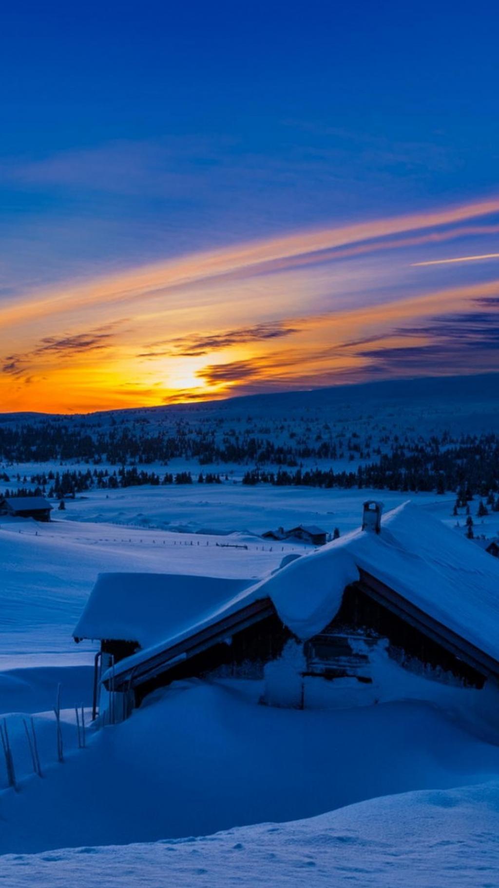 美丽的日落冬季小屋雪iPhone 6加高清壁纸