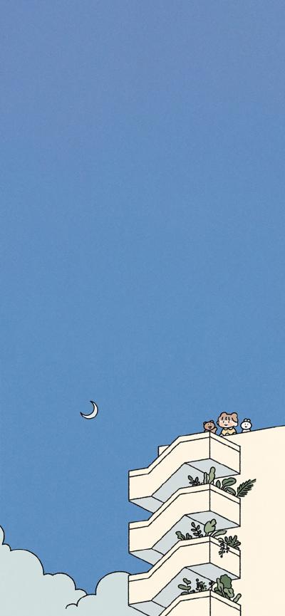 iPhone14楼顶看月亮漫画壁纸